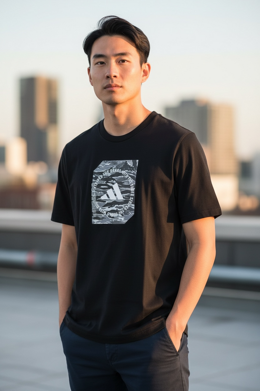 Camiseta Adidas para Hombre Negra con Logo Gráfico Camuflaje