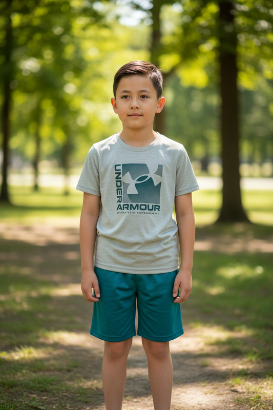 Conjunto Under Armour Niño 2 Piezas Talla 7 – Camiseta Beige y Short Deportivo Verde