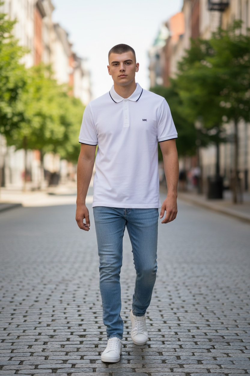 Polo Michael Kors Hombre Blanco con Detalles Azul Marino