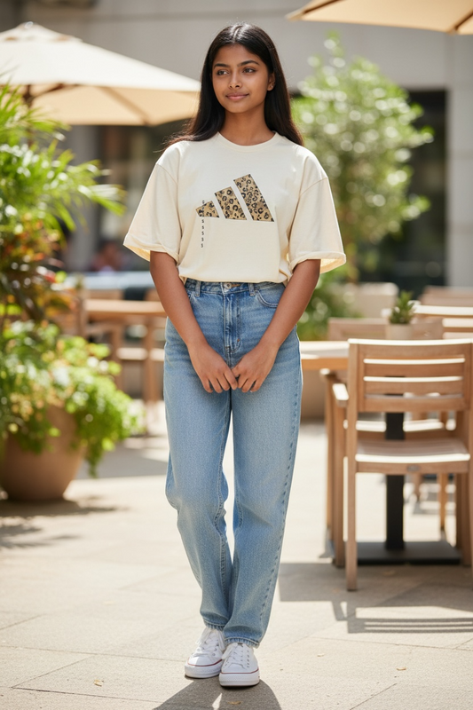 Camiseta Adidas para Mujer Beige con Logo Animal Print