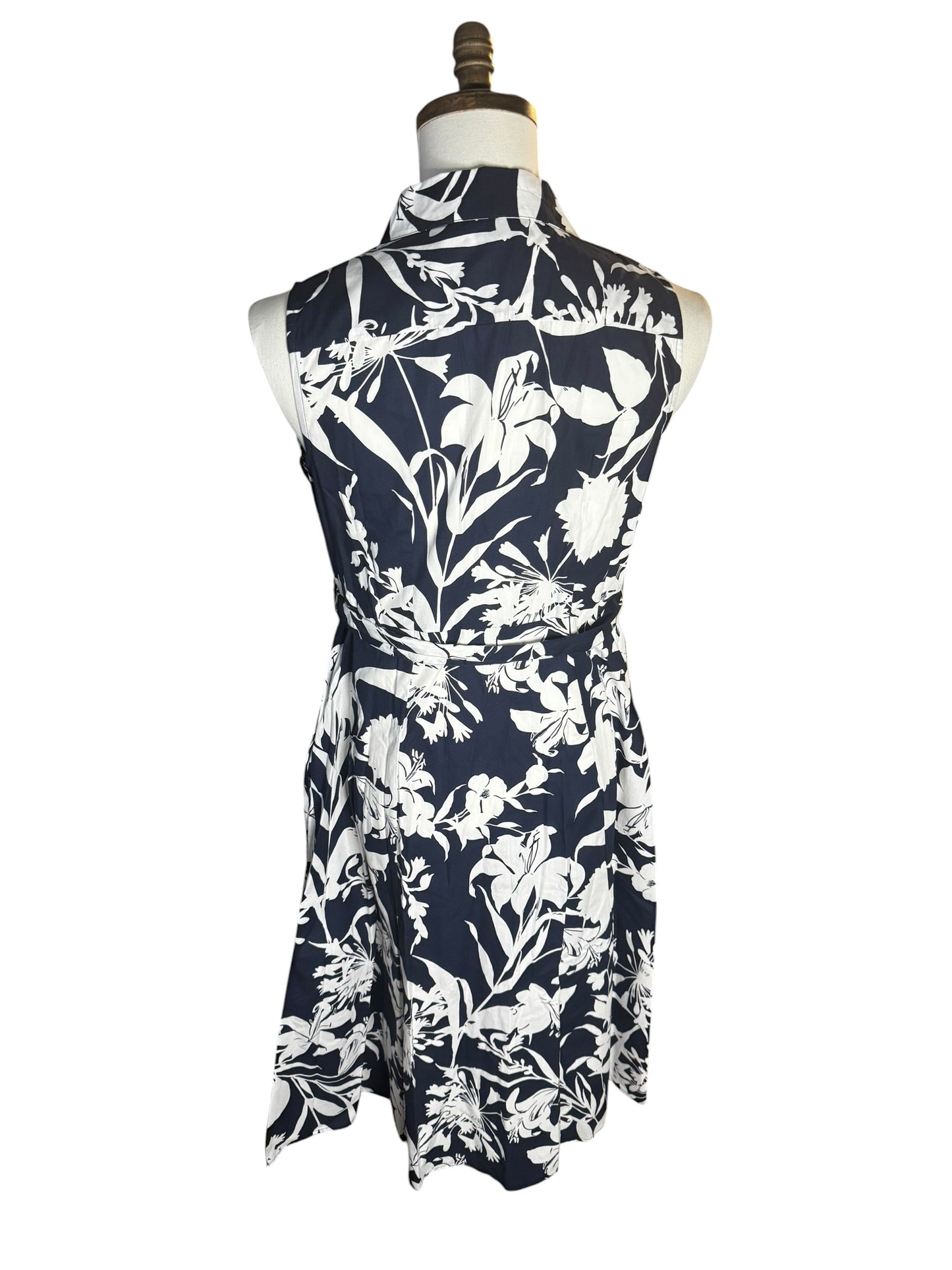 Vestido Calvin Klein Floral Azul Marino y Blanco sin Mangas con Cinturón