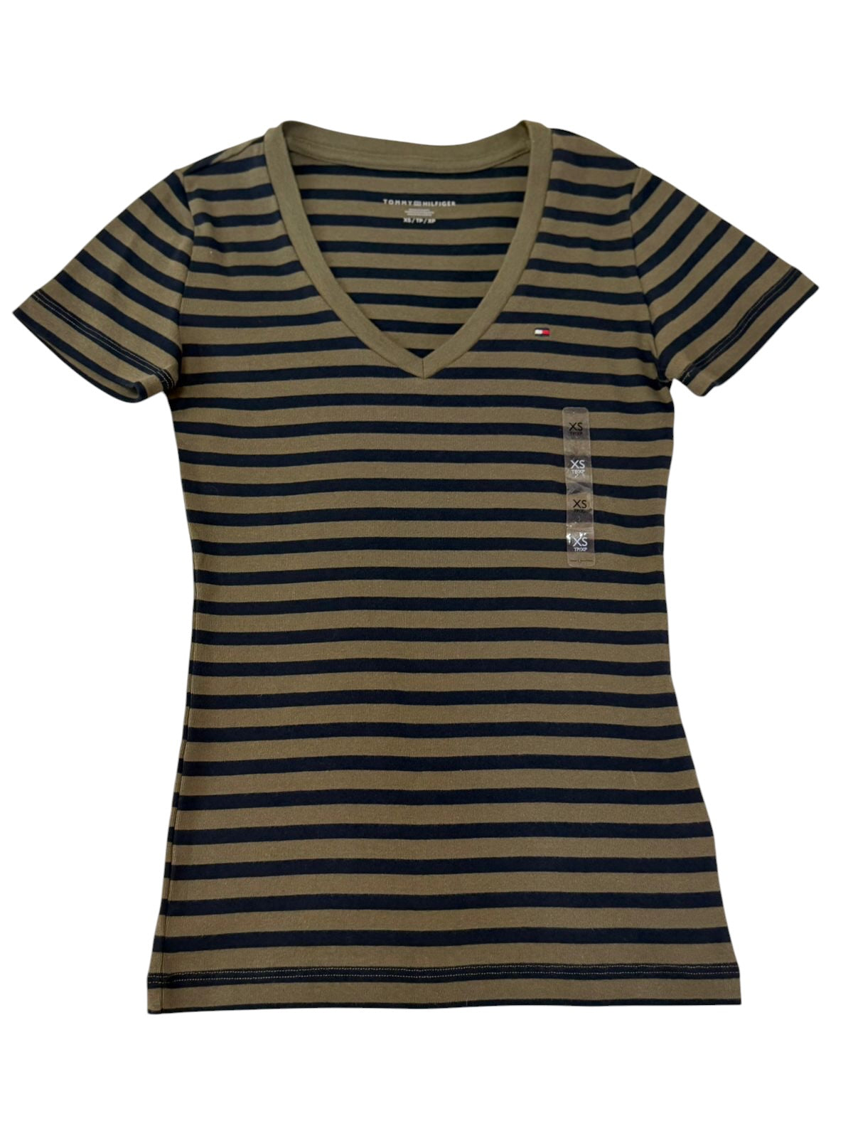 Camiseta Tommy Hilfiger de Rayas Verde Oliva Cuello en V para Mujer