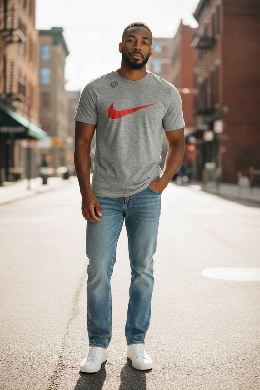 Camiseta Nike Dri-FIT Gris con Logo Swoosh Rojo para Hombre