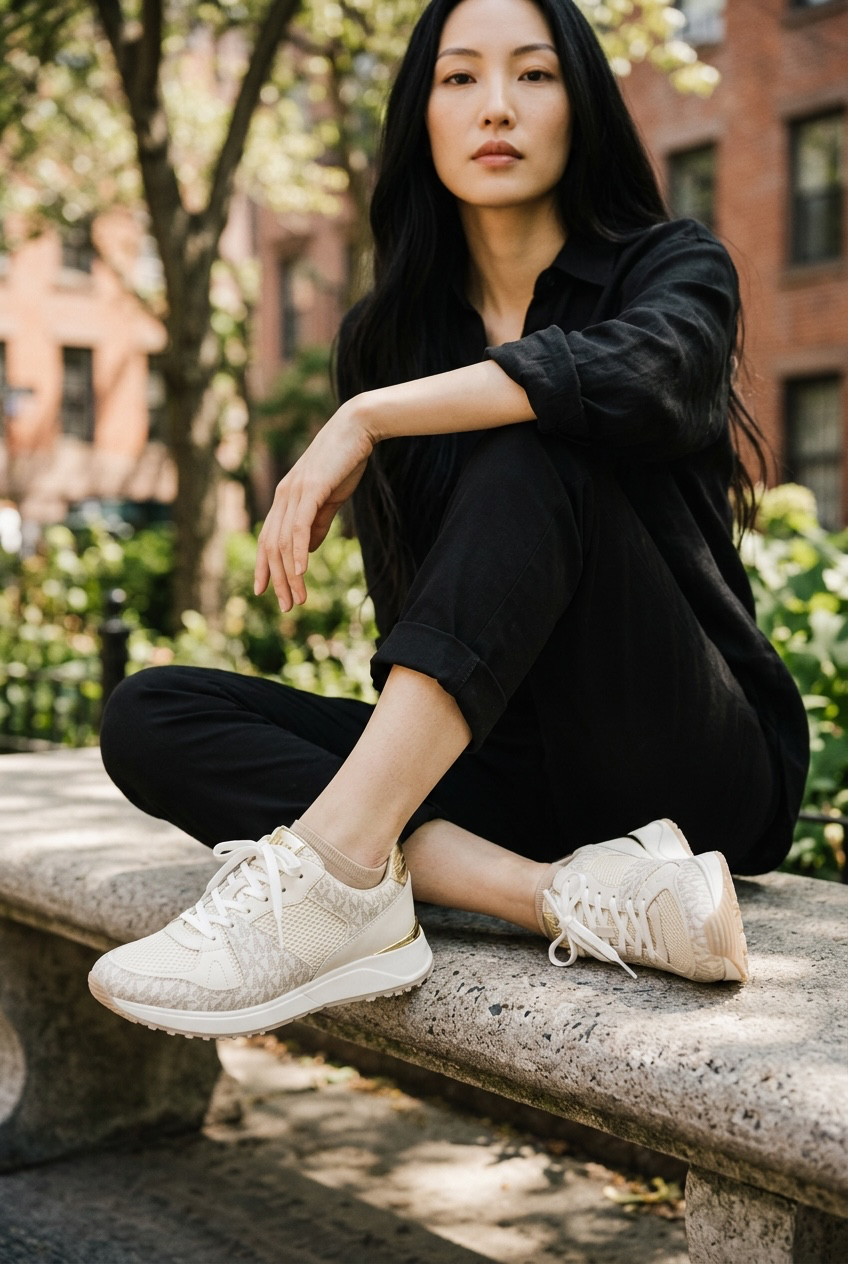 Tenis Michael Kors para Mujer Blancos con Monograma MK y Detalles Dorados – Talla 10 US
