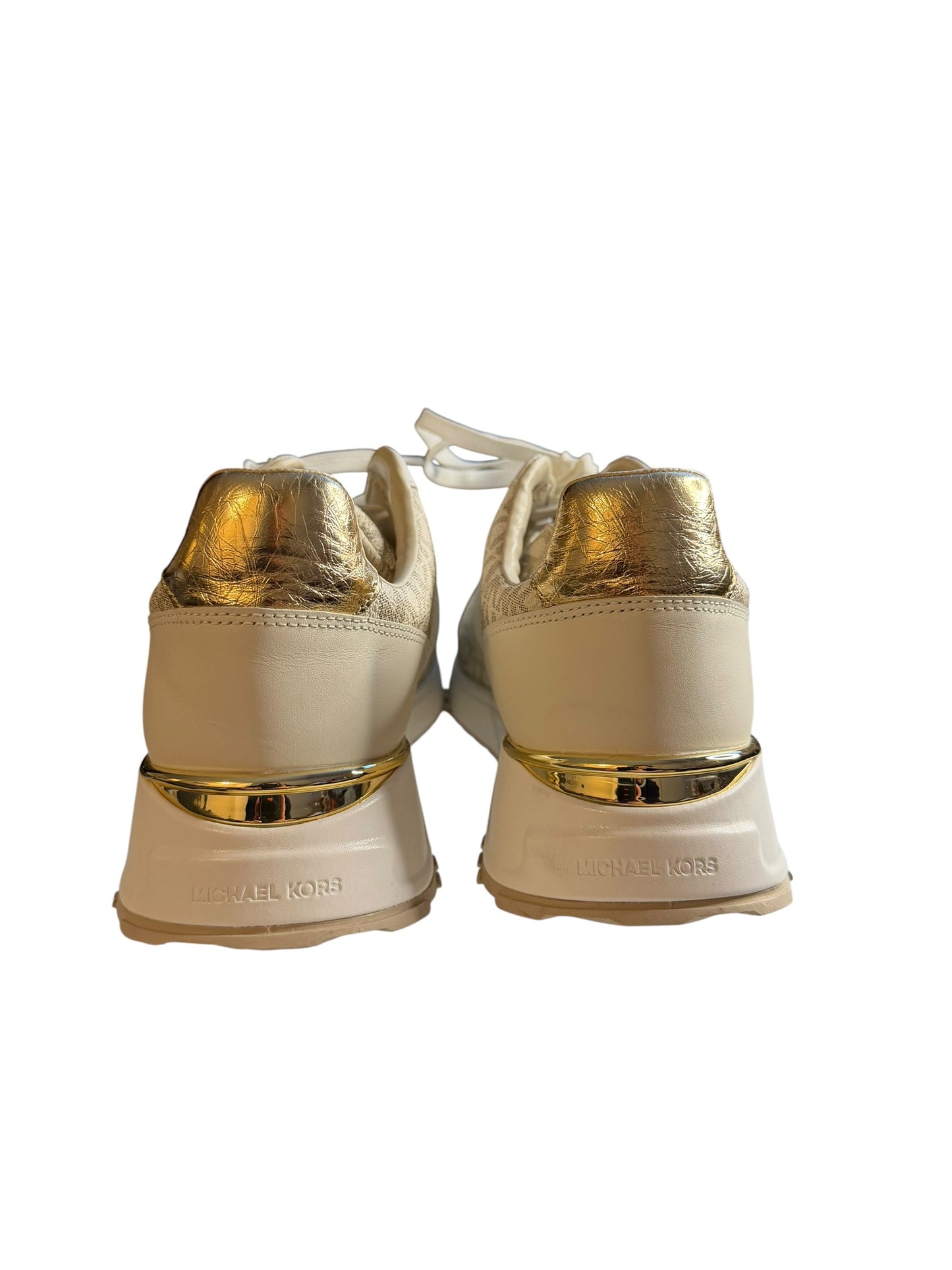 Tenis Michael Kors para Mujer Blancos con Monograma MK y Detalles Dorados – Talla 10 US