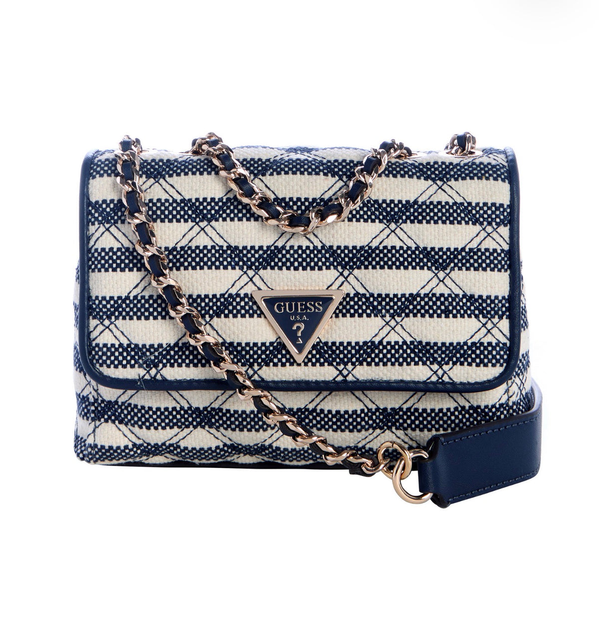 Bolso Mini GUESS Giully II Crossbody a Rayas Azul y Crema