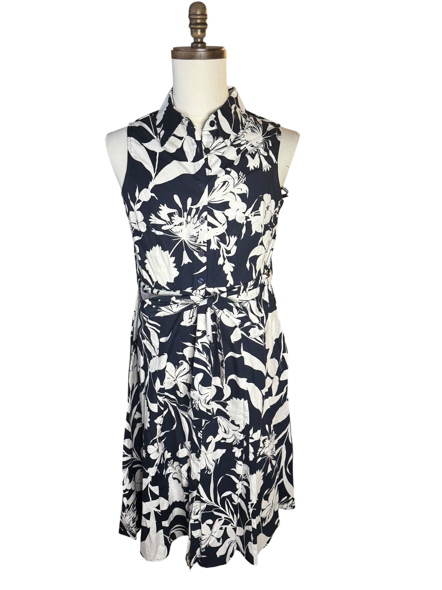 Vestido Calvin Klein Floral Azul Marino y Blanco sin Mangas con Cinturón