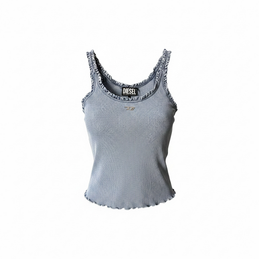 Top Crop Diesel de Canalé con Logo Metálico – Azul y Gris