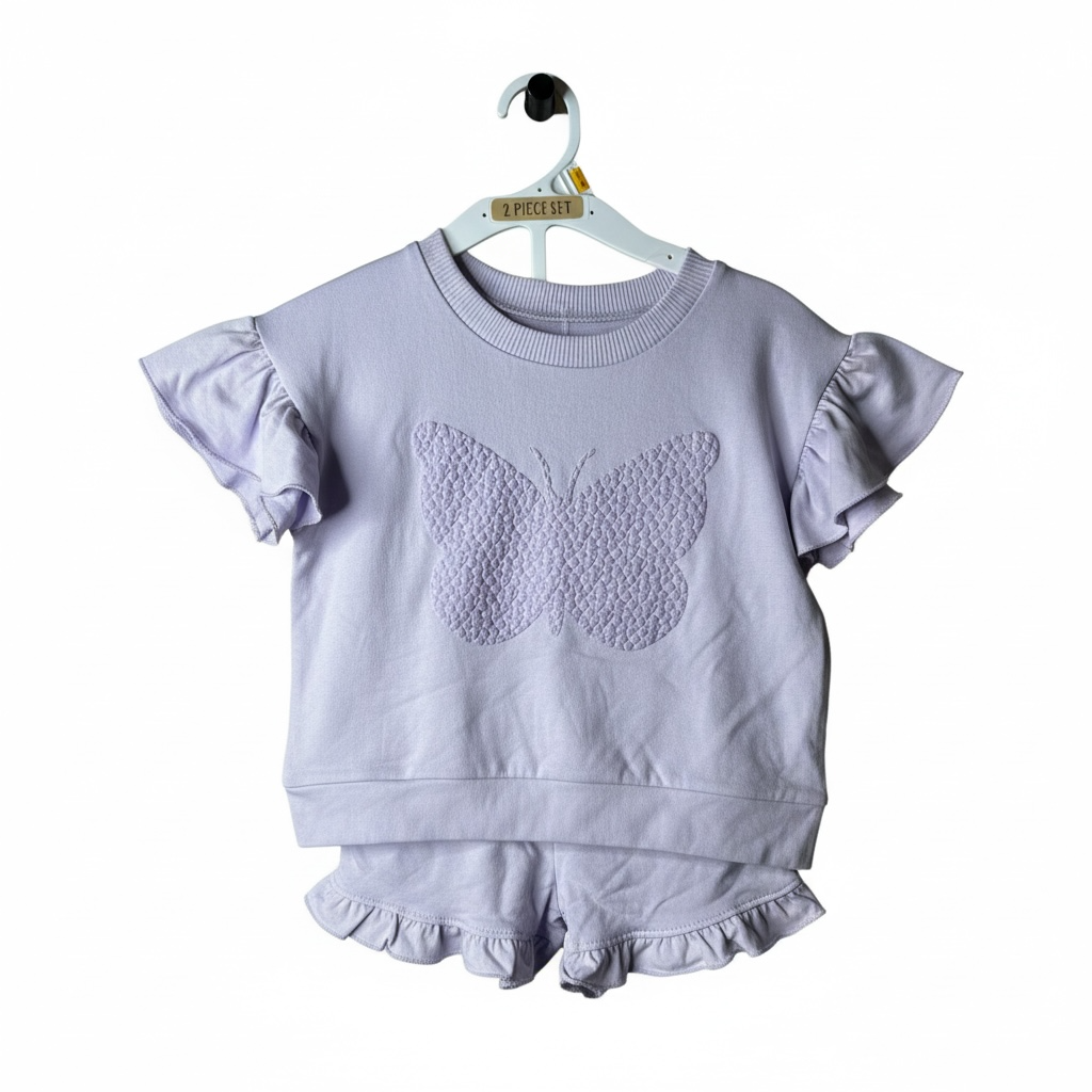 Conjunto 2 Piezas Niña Bearpaw Lila con Mariposa (Blusa + Short) Talla 7/8