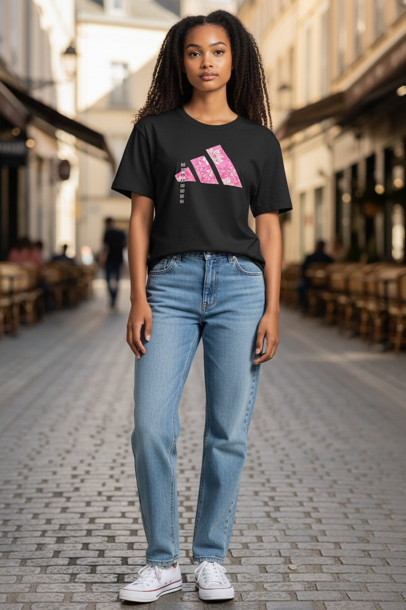 Camiseta Adidas para Mujer Negra con Logo Floral Rosa