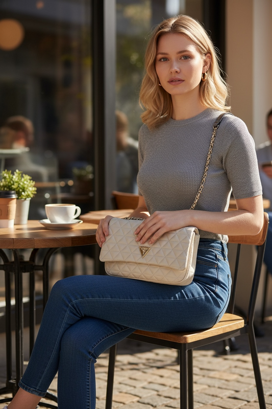 Bolso de Hombro Guess Giully Acolchado Taupe (beige grisáceo) con Cadena Dorada