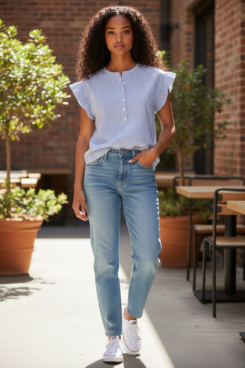 Blusa Michael Kors de Rayas Azules con Mangas Volantes para Mujer
