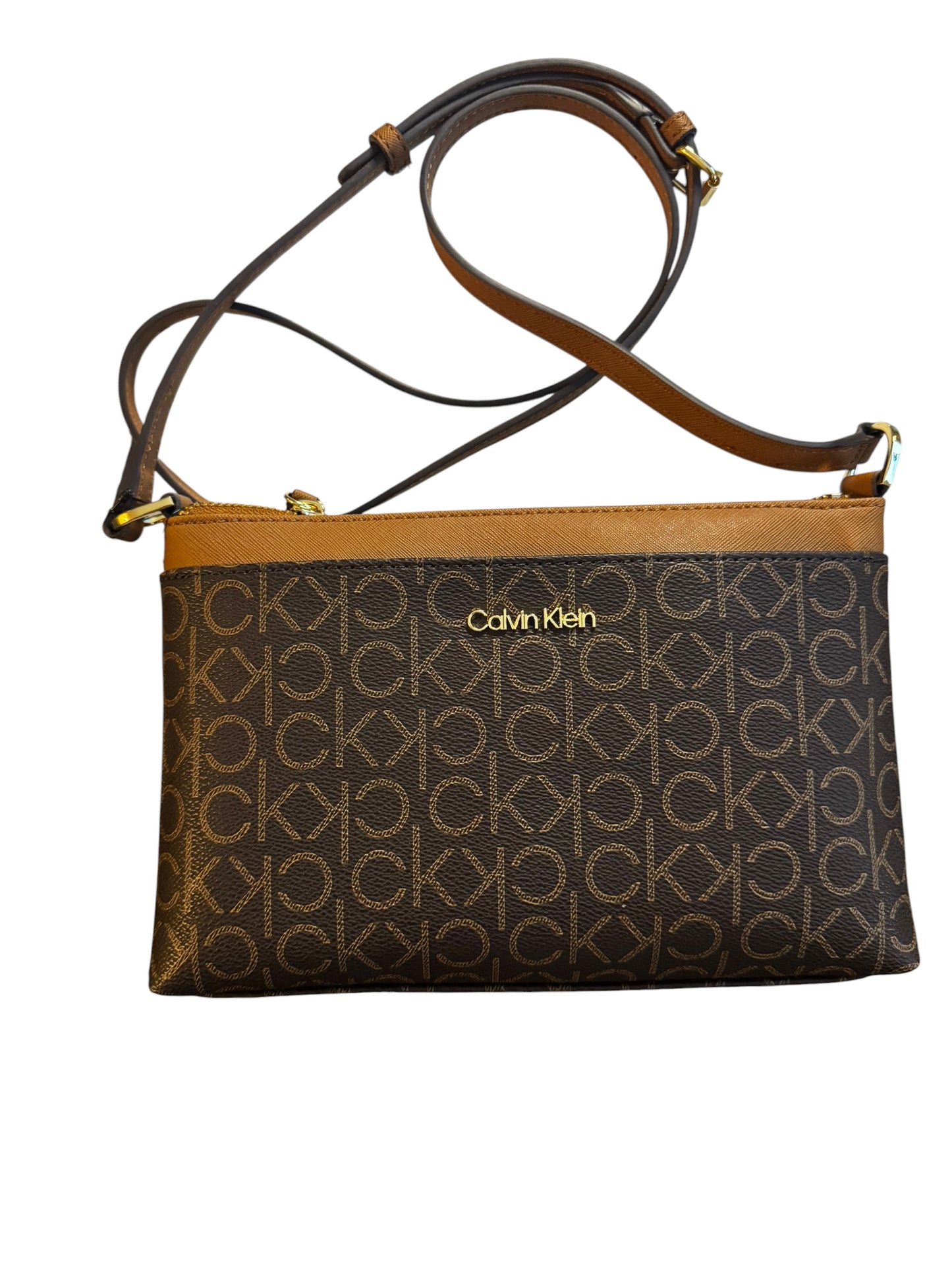 Bolso Crossbody Pequeño Calvin Klein CK Logo Print Café y Khaki con Herrajes Dorados