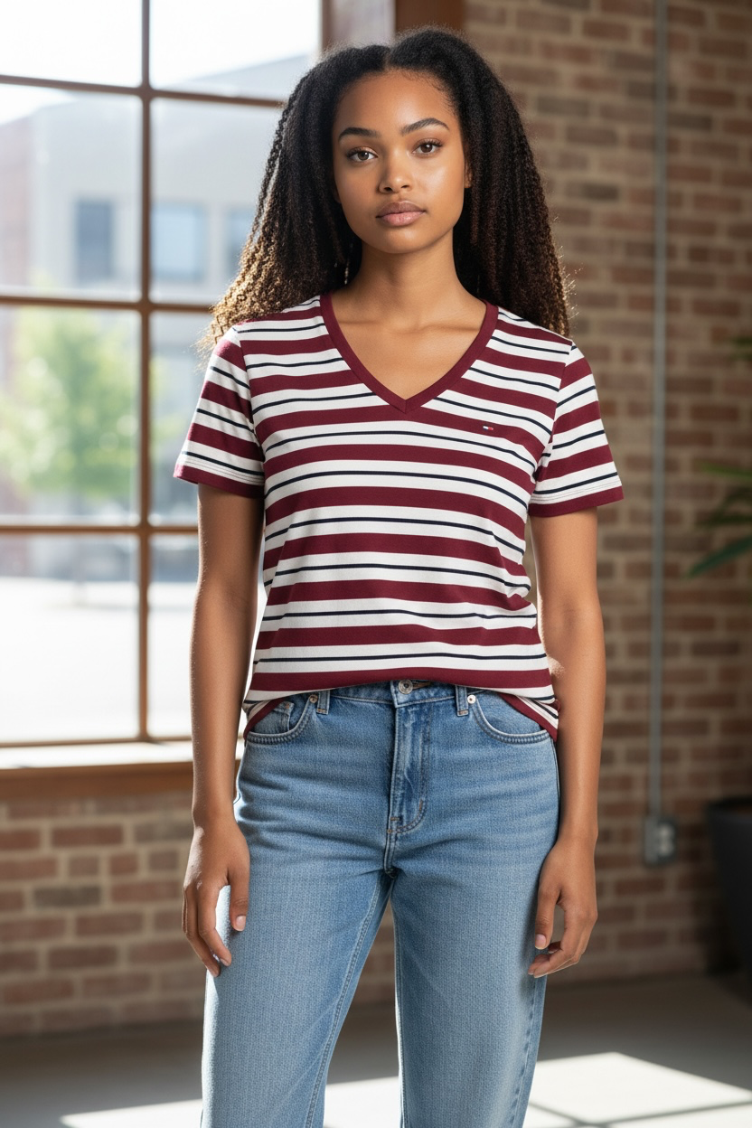 Camiseta Tommy Hilfiger de Rayas Cuello en V Burdeos y Blanca para Mujer