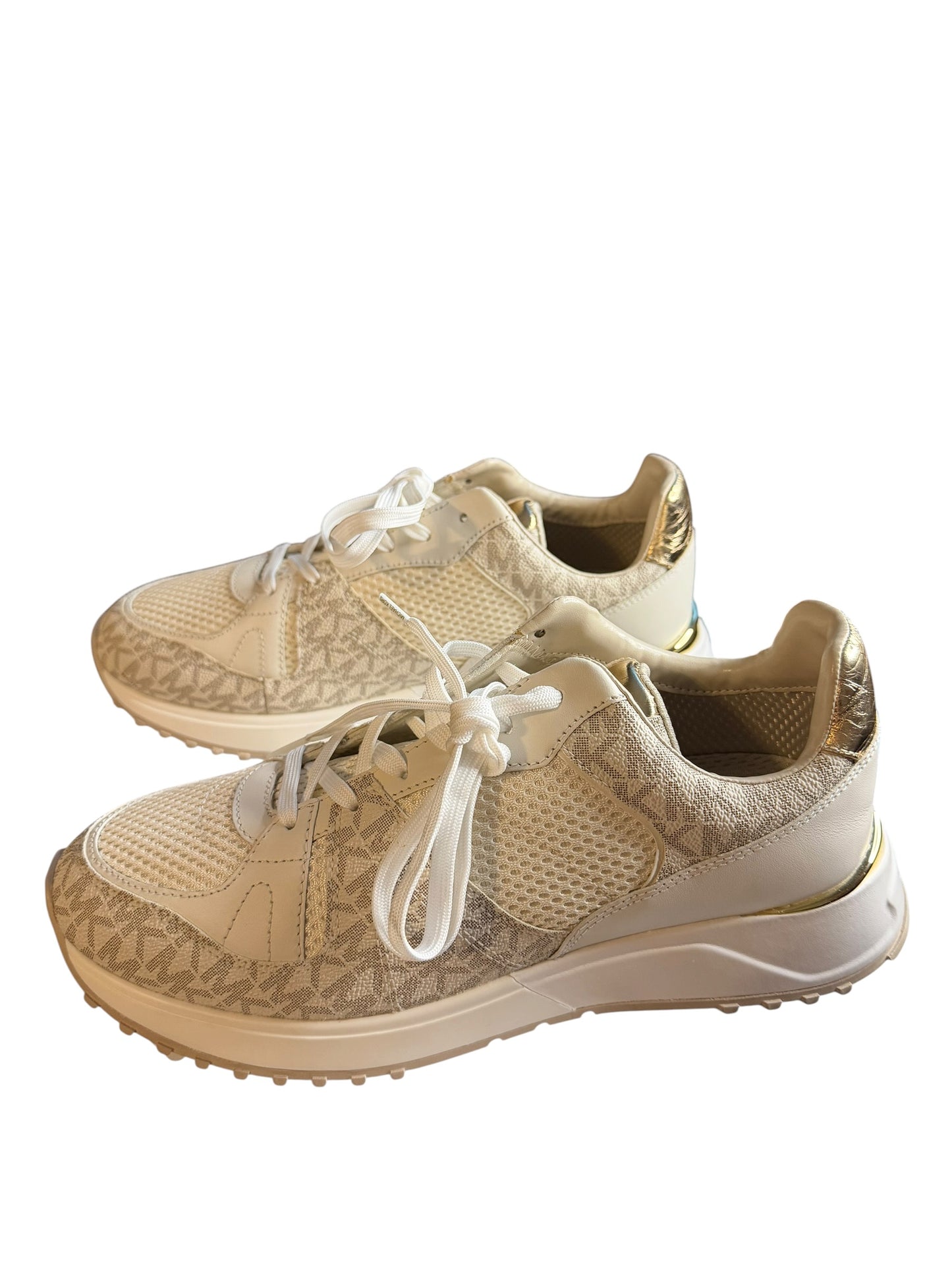 Tenis Michael Kors para Mujer Blancos con Monograma MK y Detalles Dorados – Talla 10 US