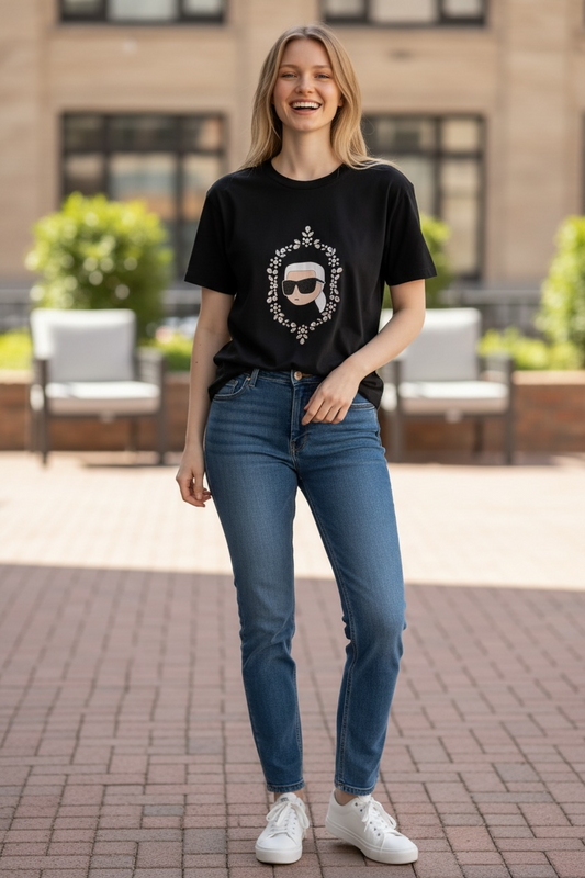 Camiseta negra gráfica para mujer Karl Lagerfeld con diseño del ícono Karl