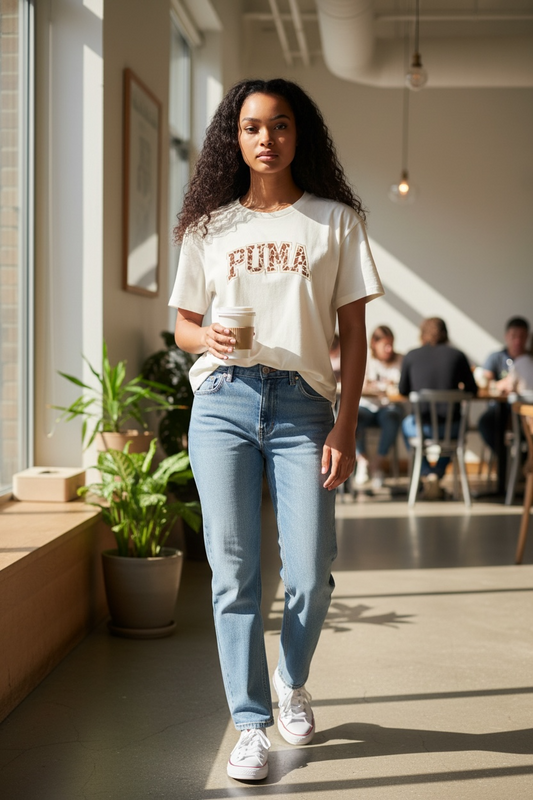 Camiseta Puma Color Crema para Mujer con Logo Gráfico – Estilo Casual Deportivo